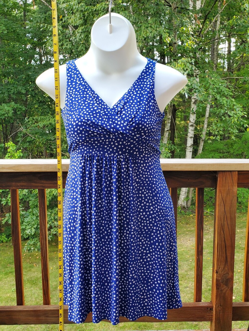 Chaps Blue and White Polka Dot V-Neck Mini Dress